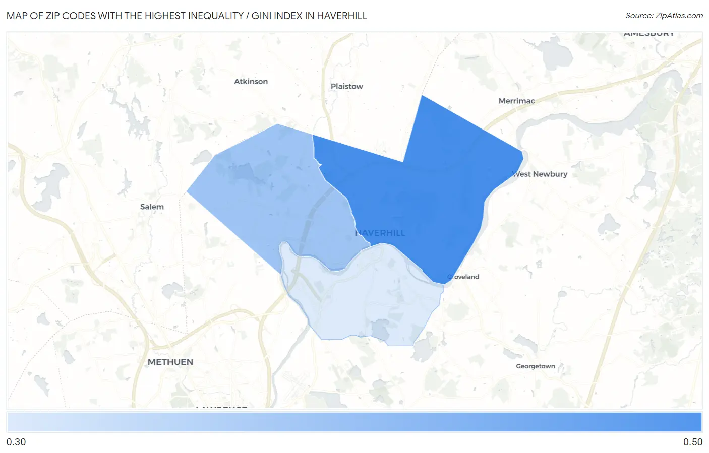 Zip Codes with the Highest Inequality / Gini Index in Haverhill Map
