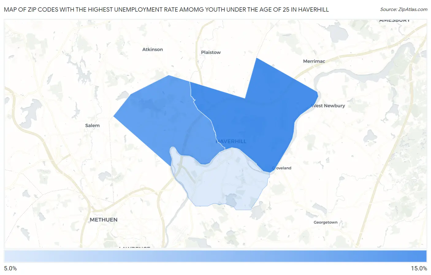 Zip Codes with the Highest Unemployment Rate Amomg Youth Under the Age of 25 in Haverhill Map