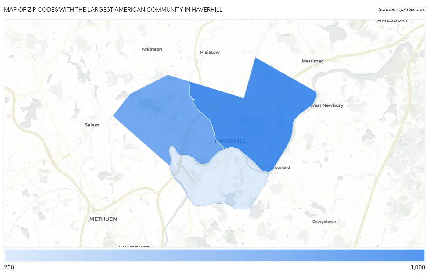 Zip Codes with the Largest American Community in Haverhill Map