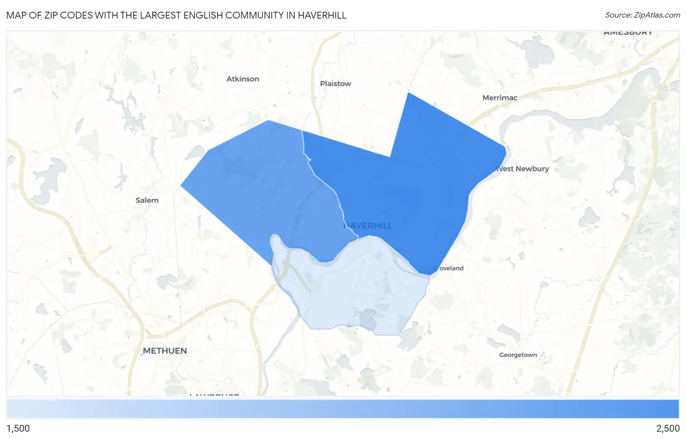 Zip Codes with the Largest English Community in Haverhill Map