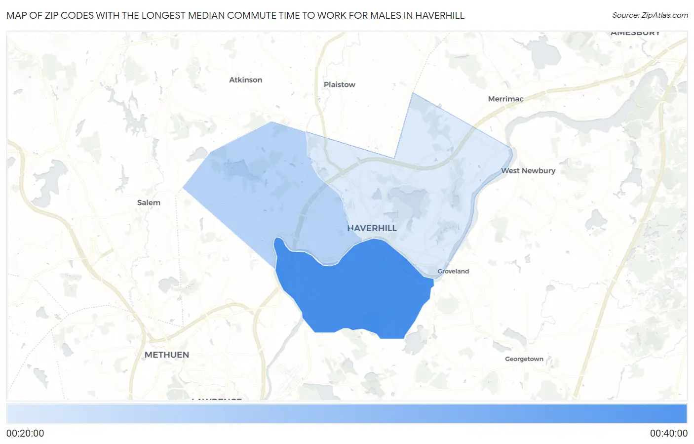 Zip Codes with the Longest Median Commute Time to Work for Males in Haverhill Map
