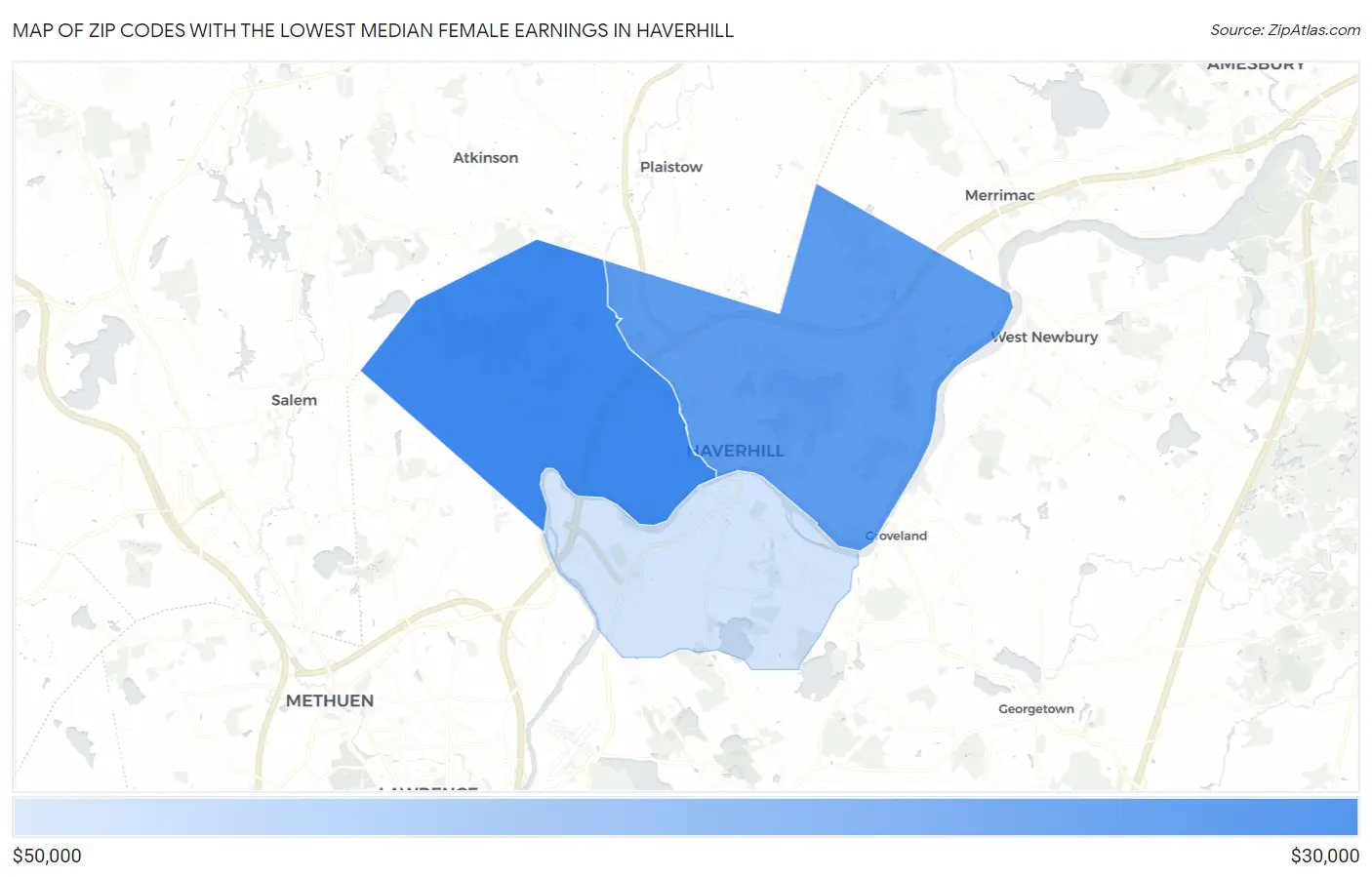 Zip Codes with the Lowest Median Female Earnings in Haverhill Map