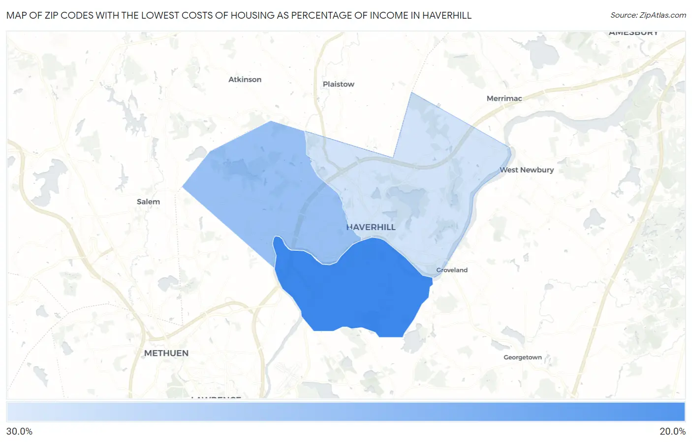 Zip Codes with the Lowest Costs of Housing as Percentage of Income in Haverhill Map
