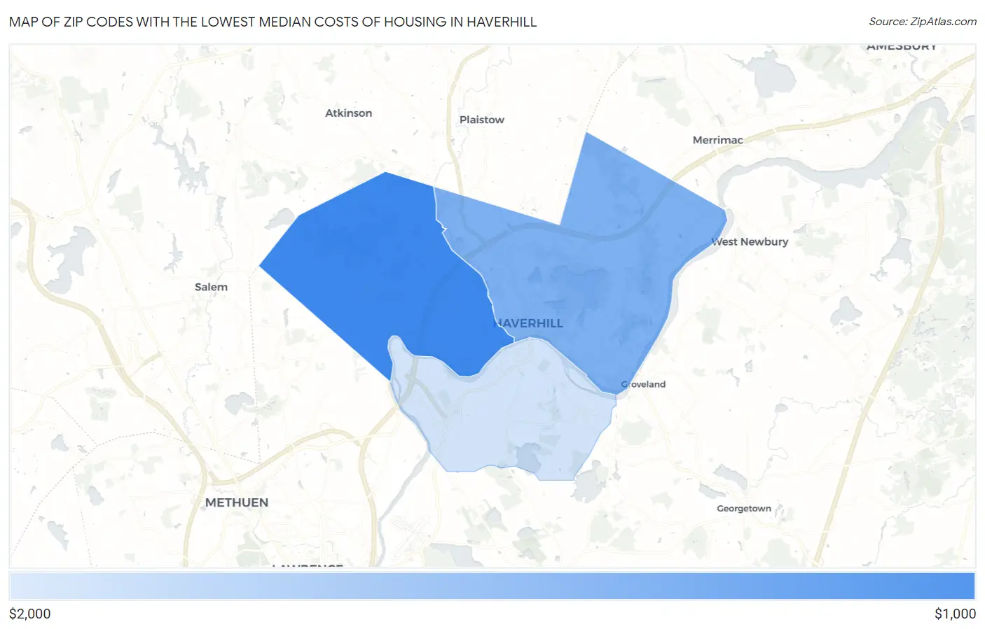 Zip Codes with the Lowest Median Costs of Housing in Haverhill Map