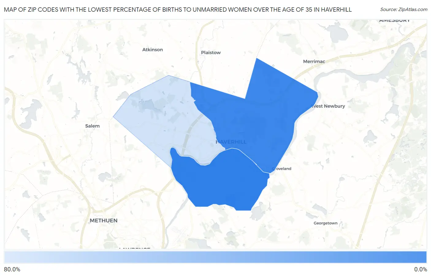 Zip Codes with the Lowest Percentage of Births to Unmarried Women over the Age of 35 in Haverhill Map