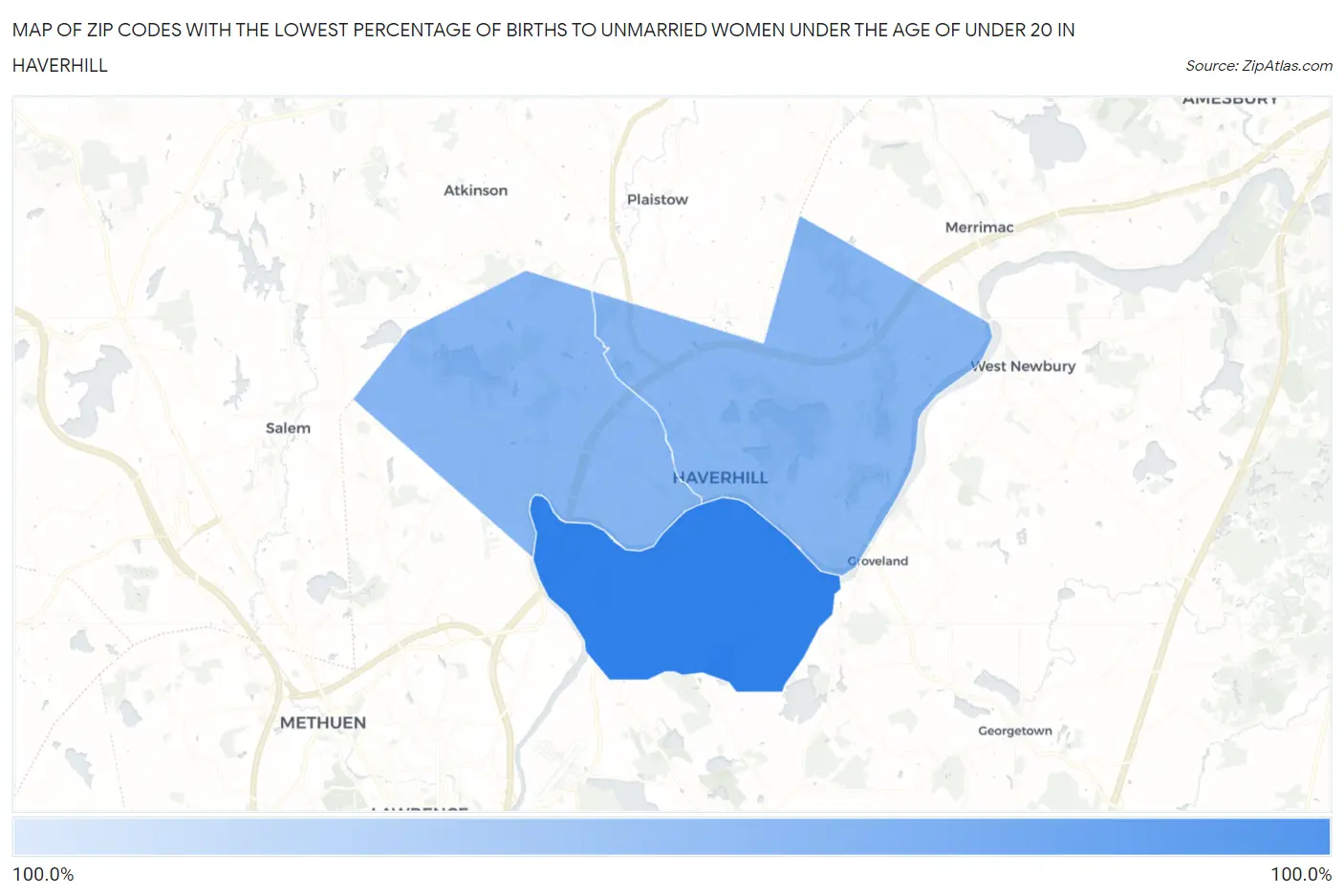 Zip Codes with the Lowest Percentage of Births to Unmarried Women under the Age of under 20 in Haverhill Map