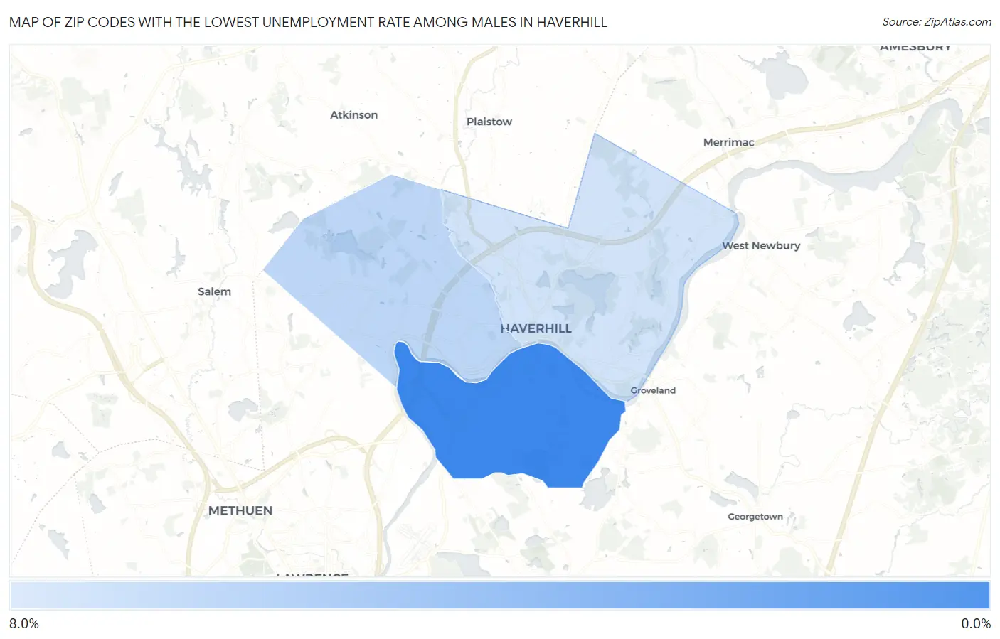 Zip Codes with the Lowest Unemployment Rate Among Males in Haverhill Map
