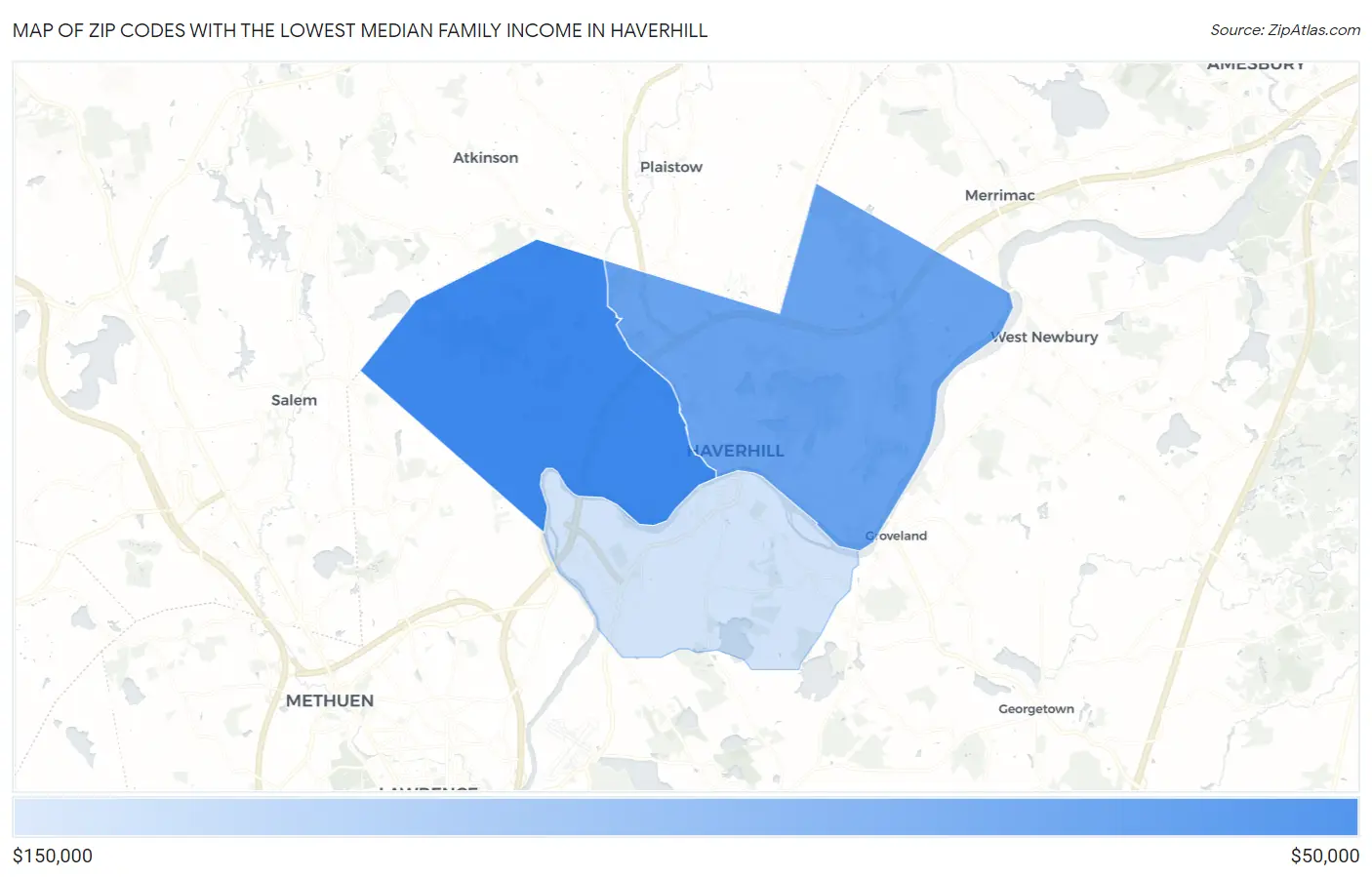 Zip Codes with the Lowest Median Family Income in Haverhill Map
