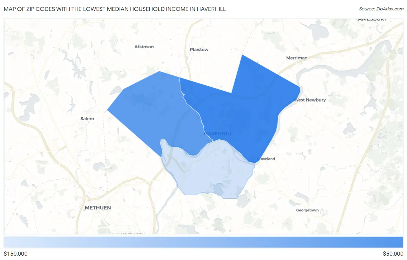 Zip Codes with the Lowest Median Household Income in Haverhill Map