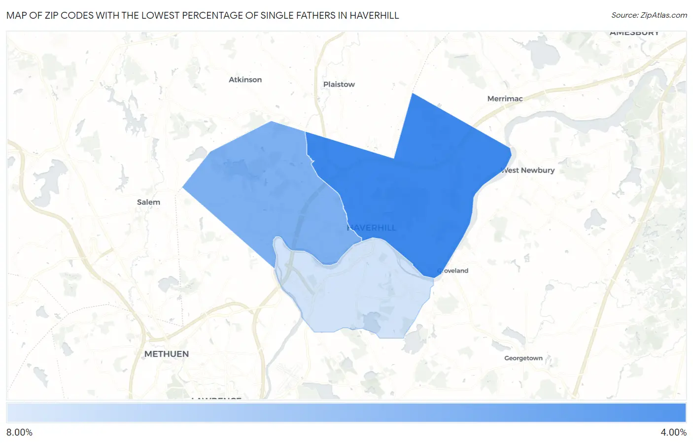 Zip Codes with the Lowest Percentage of Single Fathers in Haverhill Map
