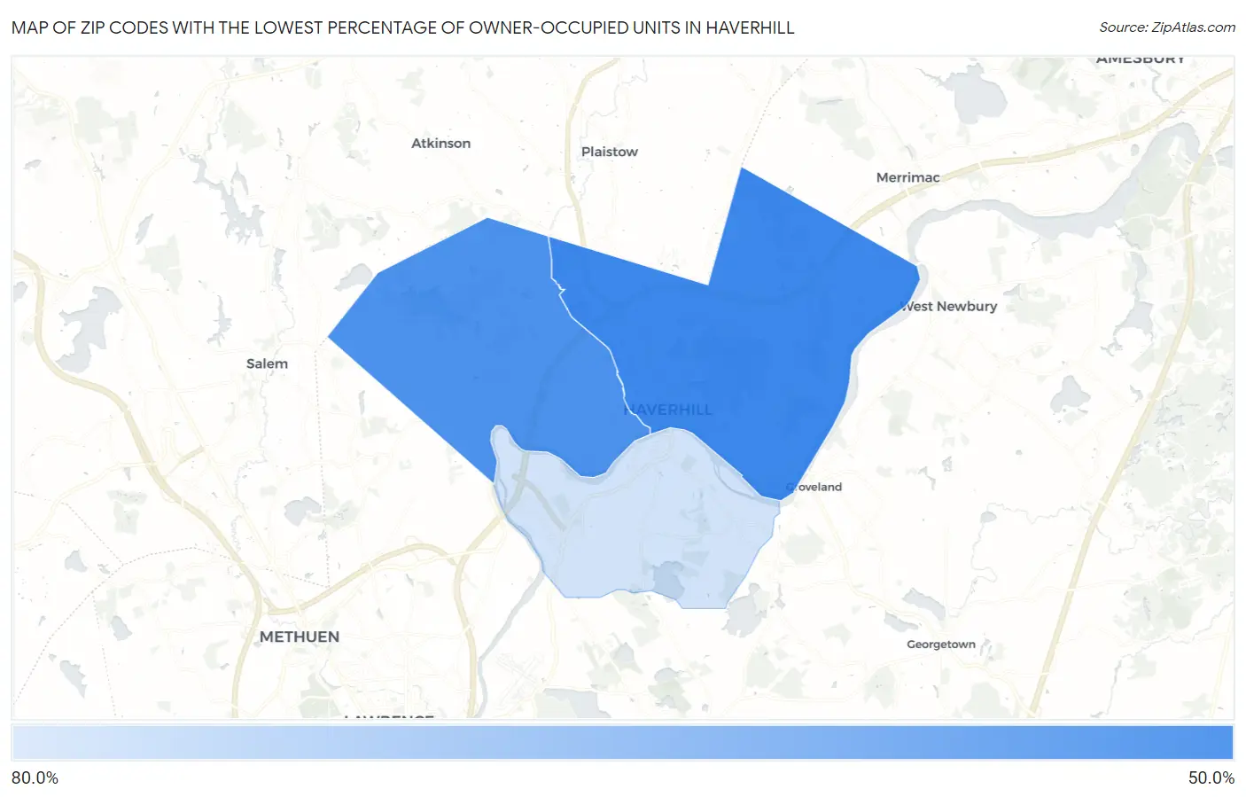 Zip Codes with the Lowest Percentage of Owner-Occupied Units in Haverhill Map