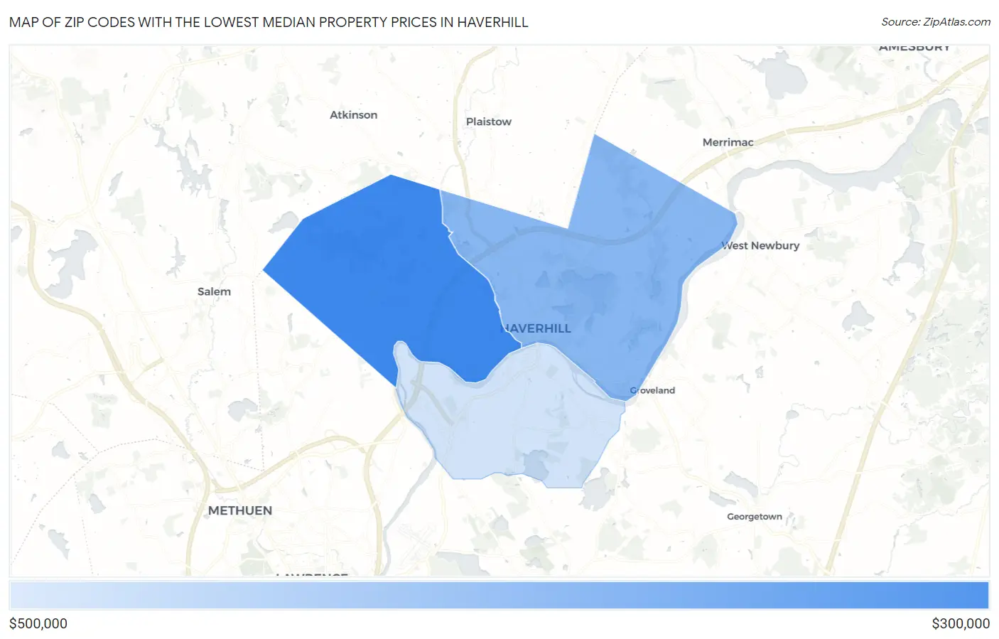Zip Codes with the Lowest Median Property Prices in Haverhill Map