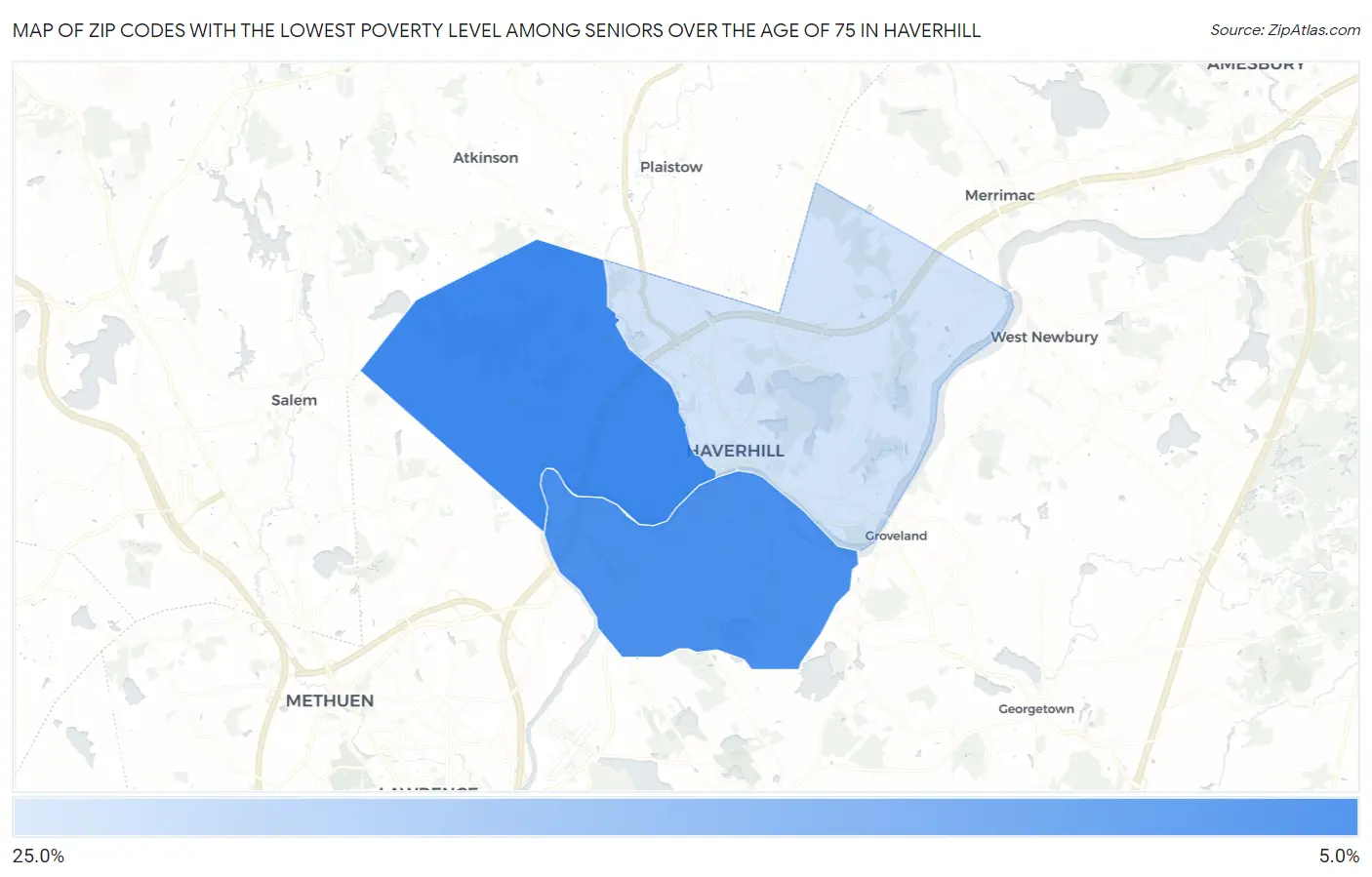 Zip Codes with the Lowest Poverty Level Among Seniors Over the Age of 75 in Haverhill Map