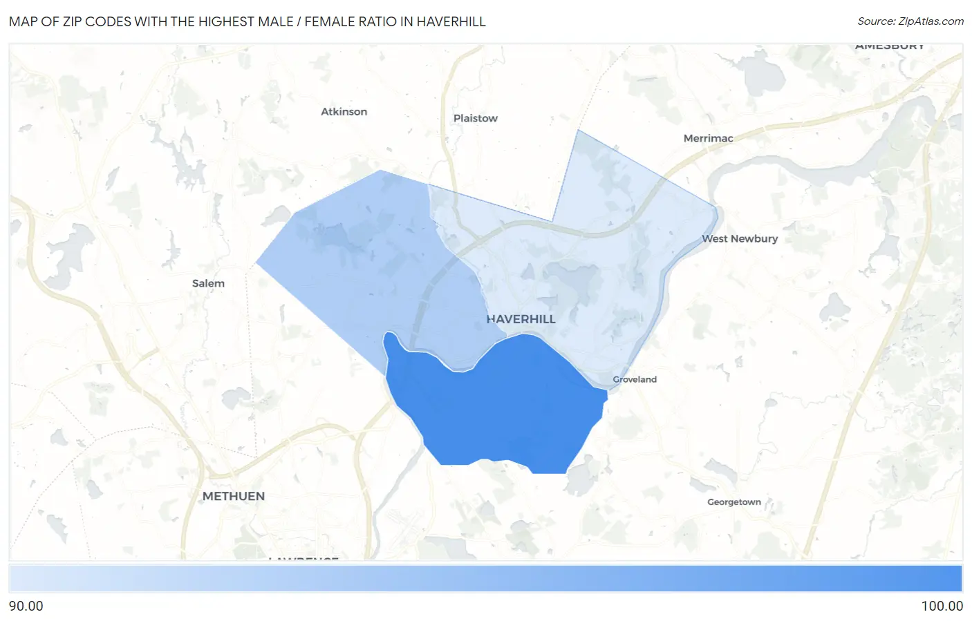 Zip Codes with the Highest Male / Female Ratio in Haverhill Map