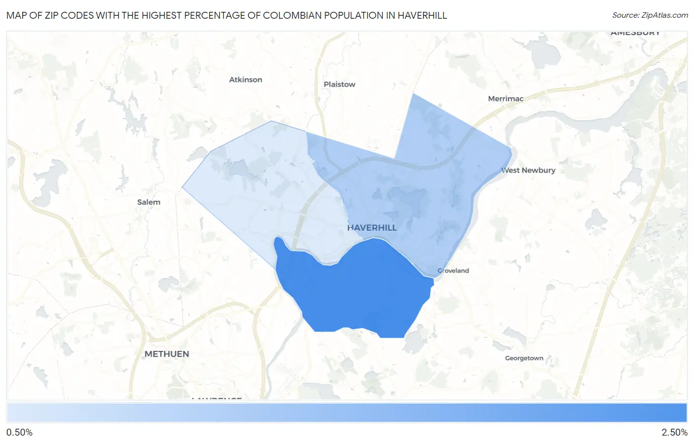Zip Codes with the Highest Percentage of Colombian Population in Haverhill Map