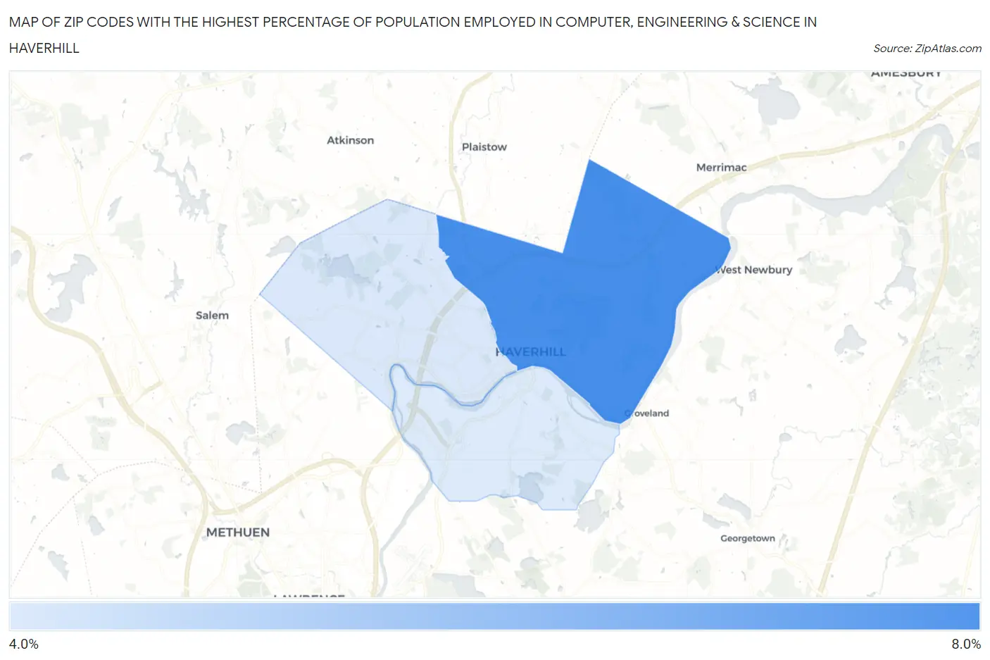 Zip Codes with the Highest Percentage of Population Employed in Computer, Engineering & Science in Haverhill Map