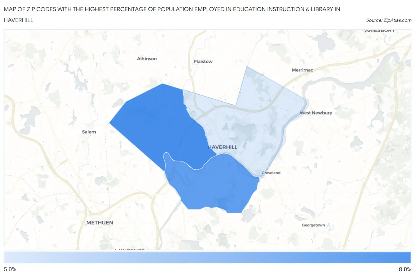 Zip Codes with the Highest Percentage of Population Employed in Education Instruction & Library in Haverhill Map