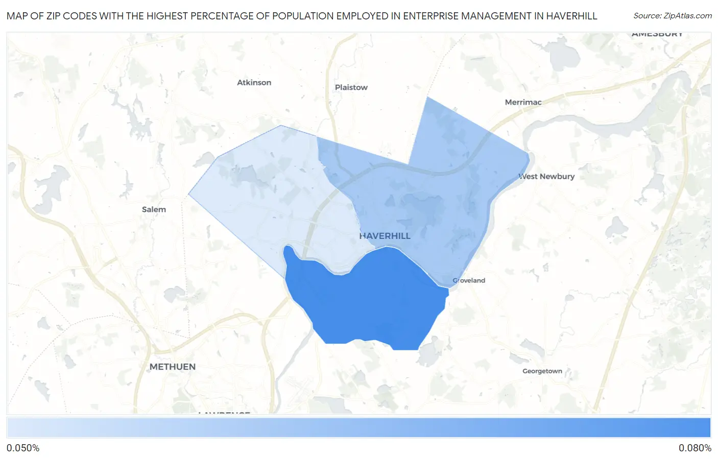 Zip Codes with the Highest Percentage of Population Employed in Enterprise Management in Haverhill Map
