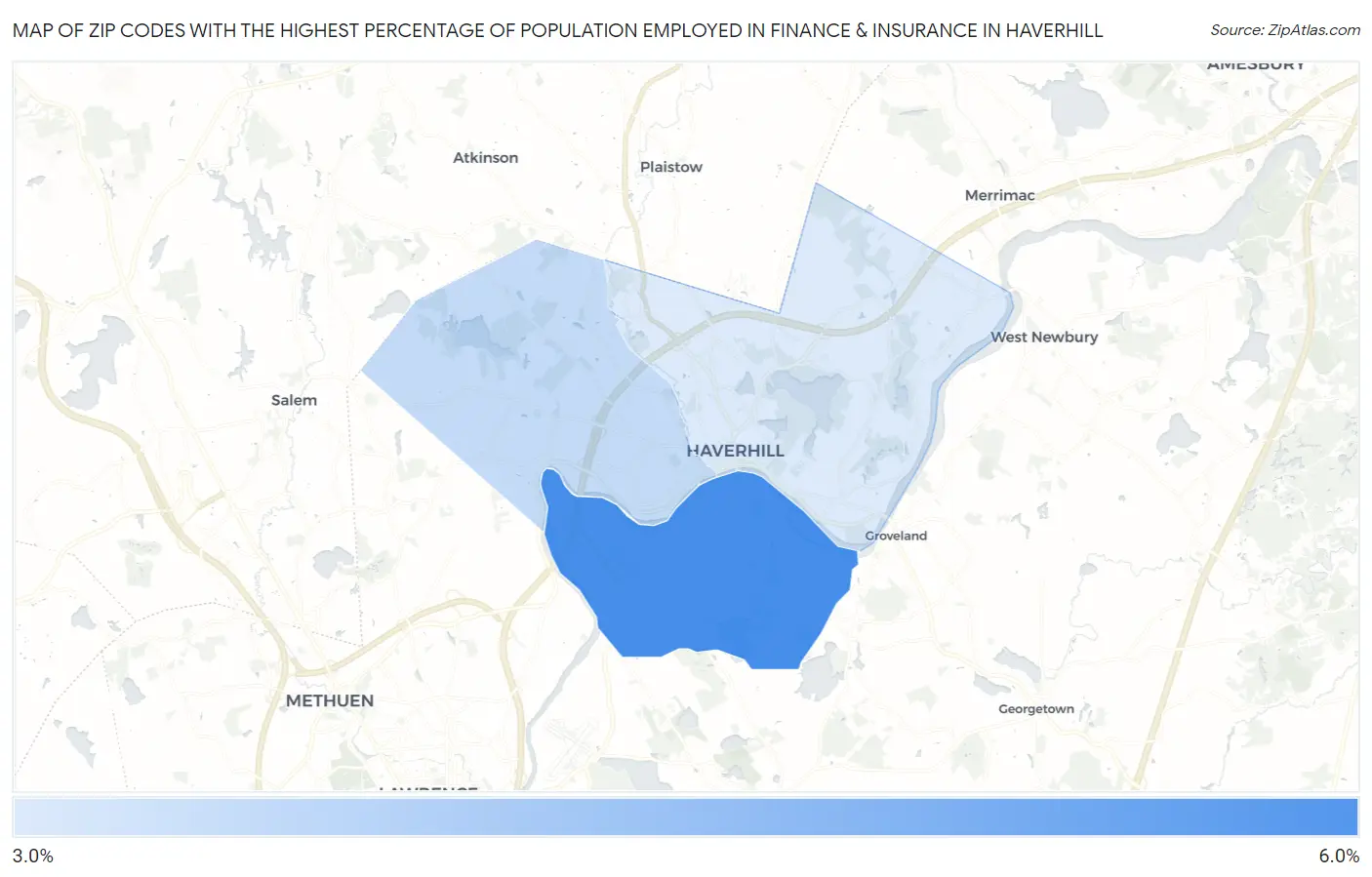 Zip Codes with the Highest Percentage of Population Employed in Finance & Insurance in Haverhill Map
