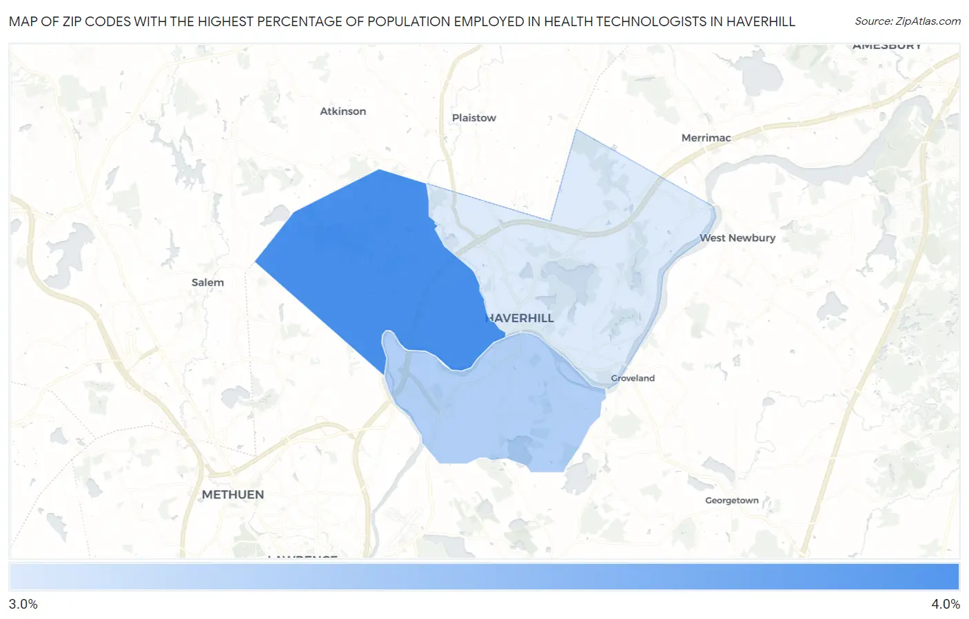 Zip Codes with the Highest Percentage of Population Employed in Health Technologists in Haverhill Map