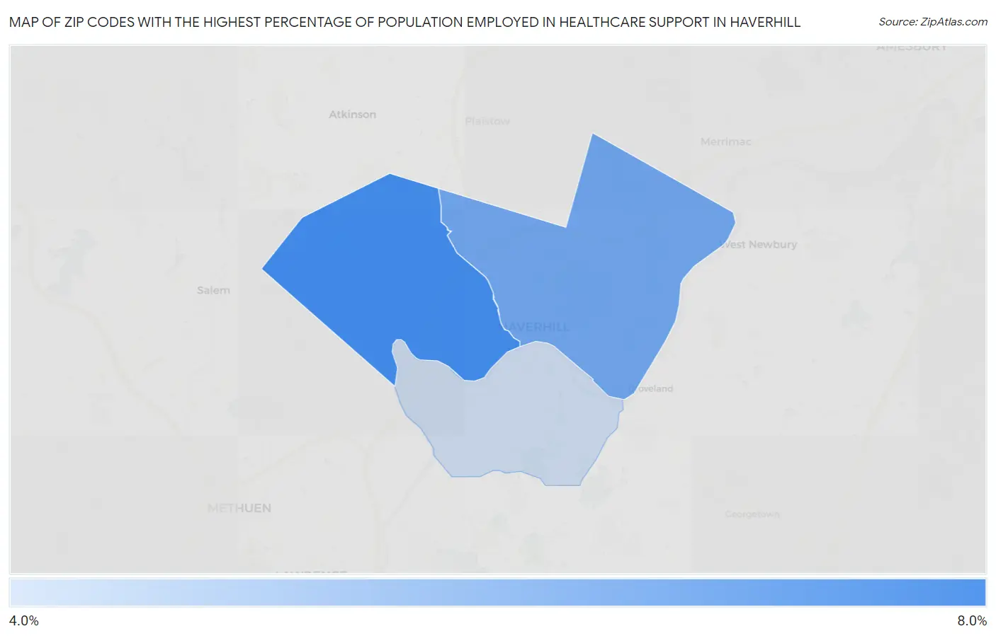 Zip Codes with the Highest Percentage of Population Employed in Healthcare Support in Haverhill Map