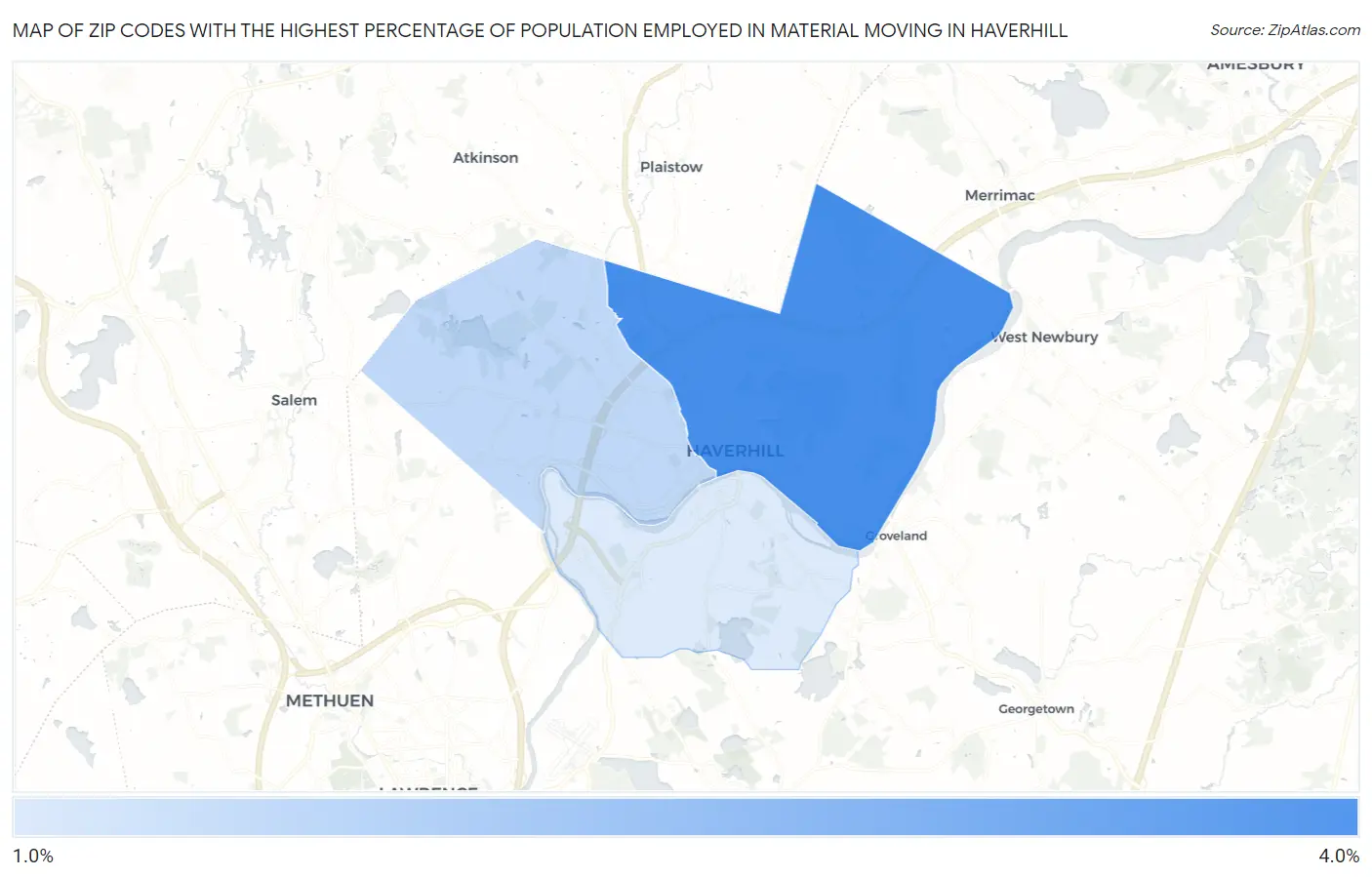 Zip Codes with the Highest Percentage of Population Employed in Material Moving in Haverhill Map