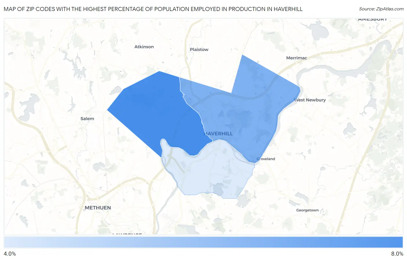 Zip Codes with the Highest Percentage of Population Employed in Production in Haverhill Map
