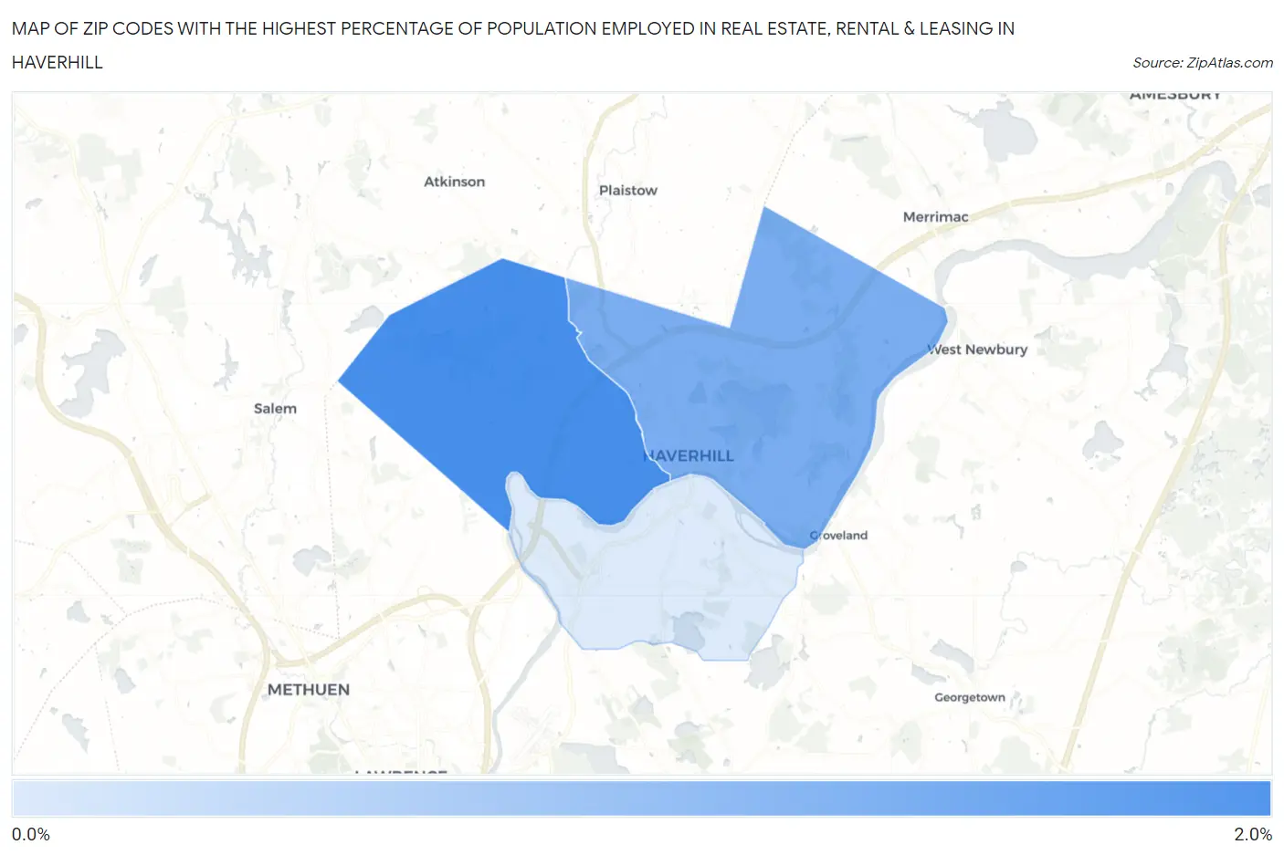 Zip Codes with the Highest Percentage of Population Employed in Real Estate, Rental & Leasing in Haverhill Map