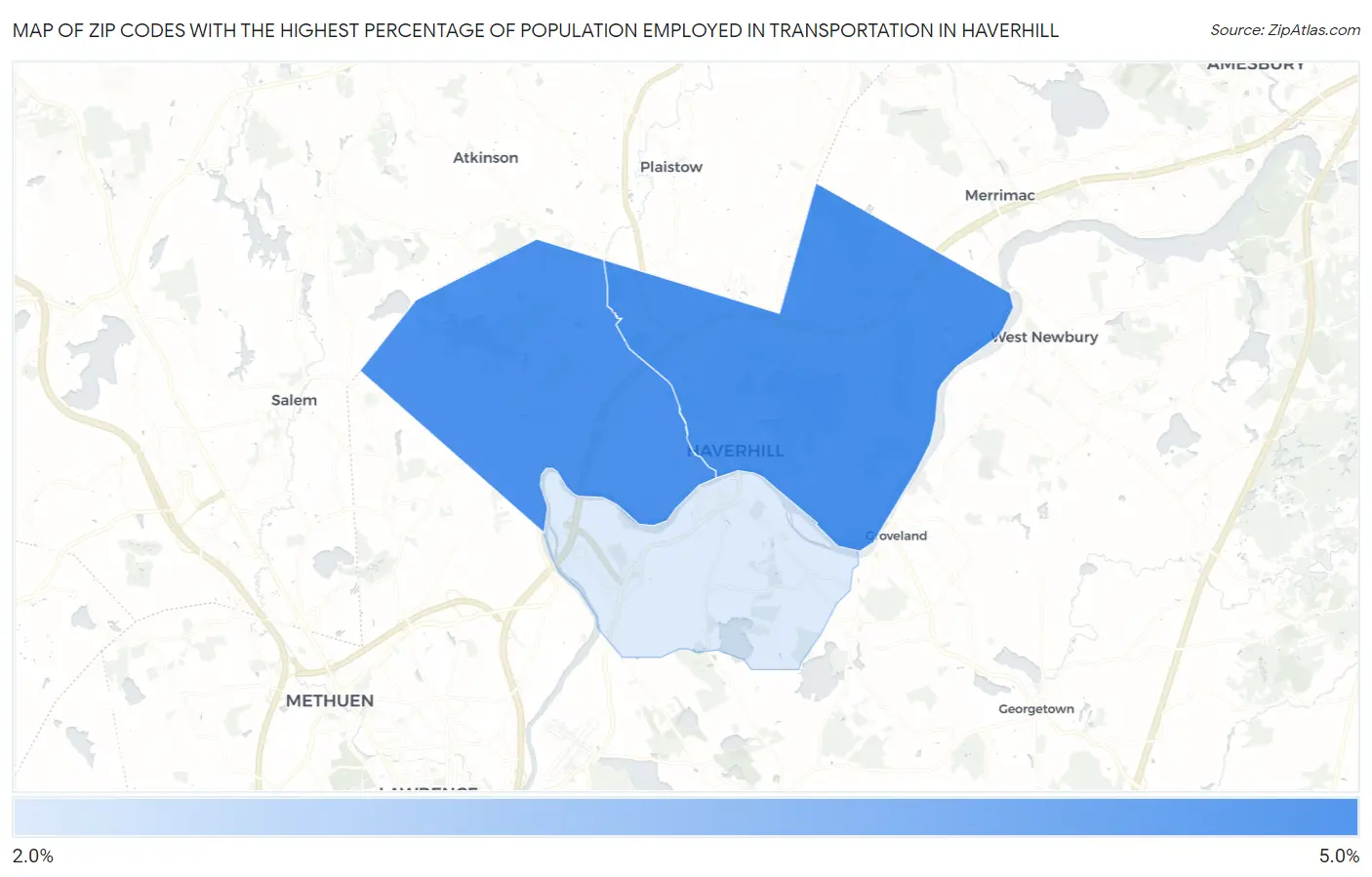 Zip Codes with the Highest Percentage of Population Employed in Transportation in Haverhill Map