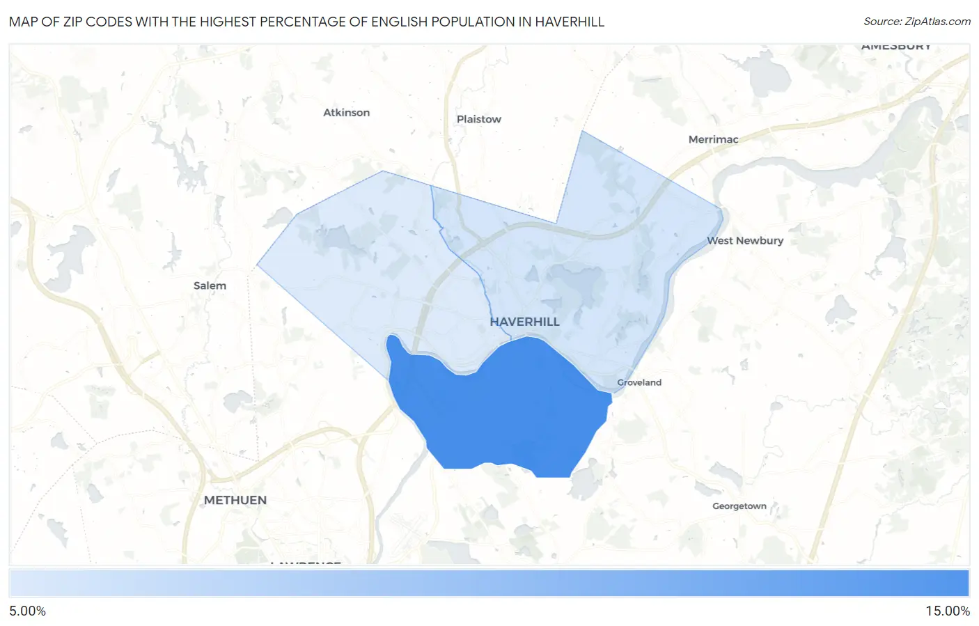 Zip Codes with the Highest Percentage of English Population in Haverhill Map