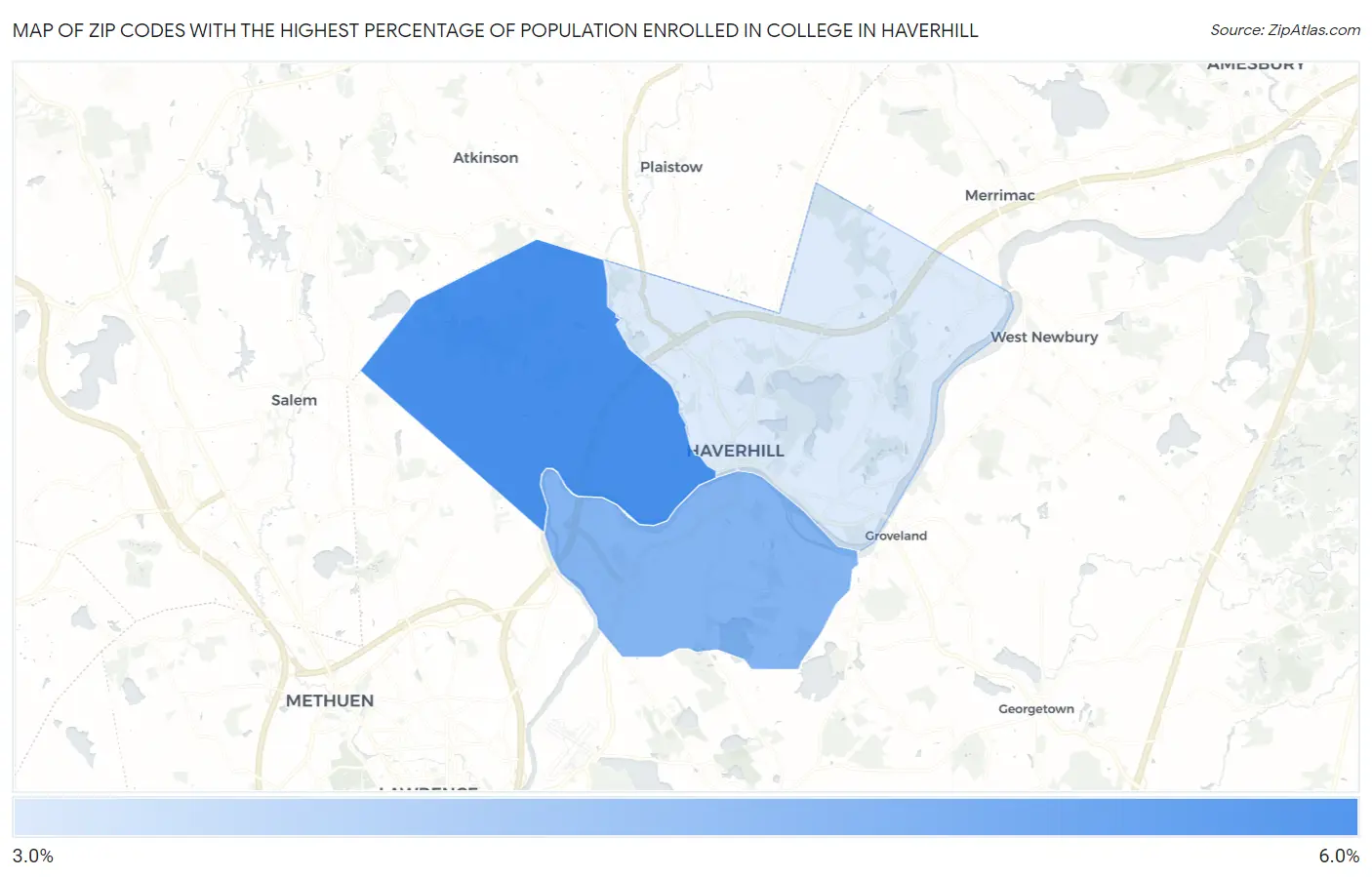 Zip Codes with the Highest Percentage of Population Enrolled in College in Haverhill Map