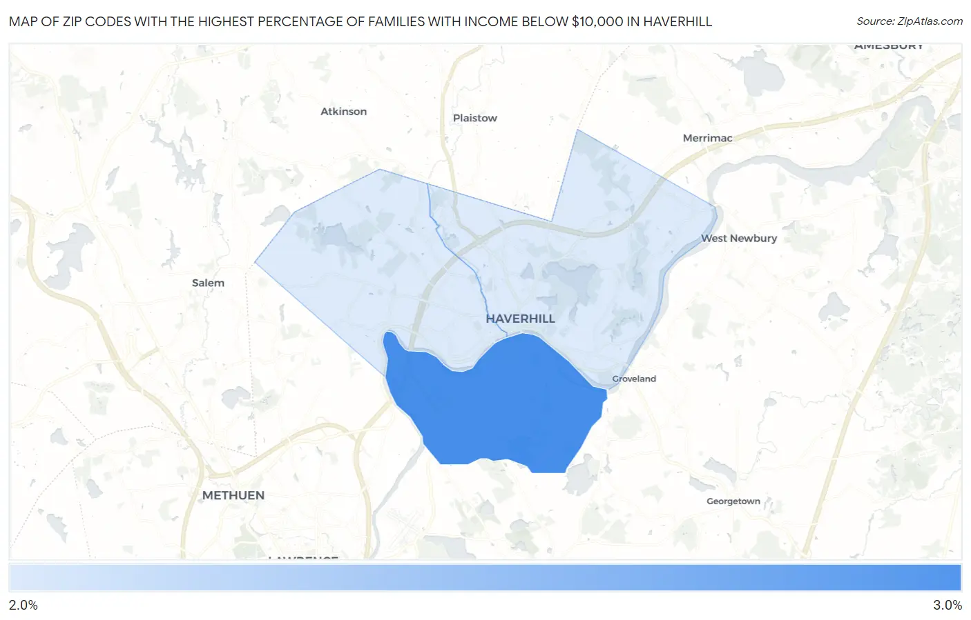 Zip Codes with the Highest Percentage of Families with Income Below $10,000 in Haverhill Map