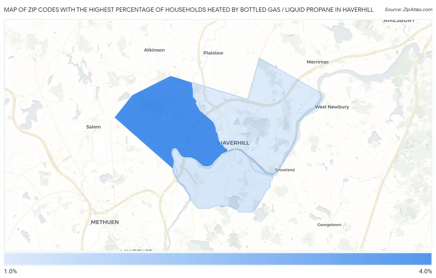 Zip Codes with the Highest Percentage of Households Heated by Bottled Gas / Liquid Propane in Haverhill Map