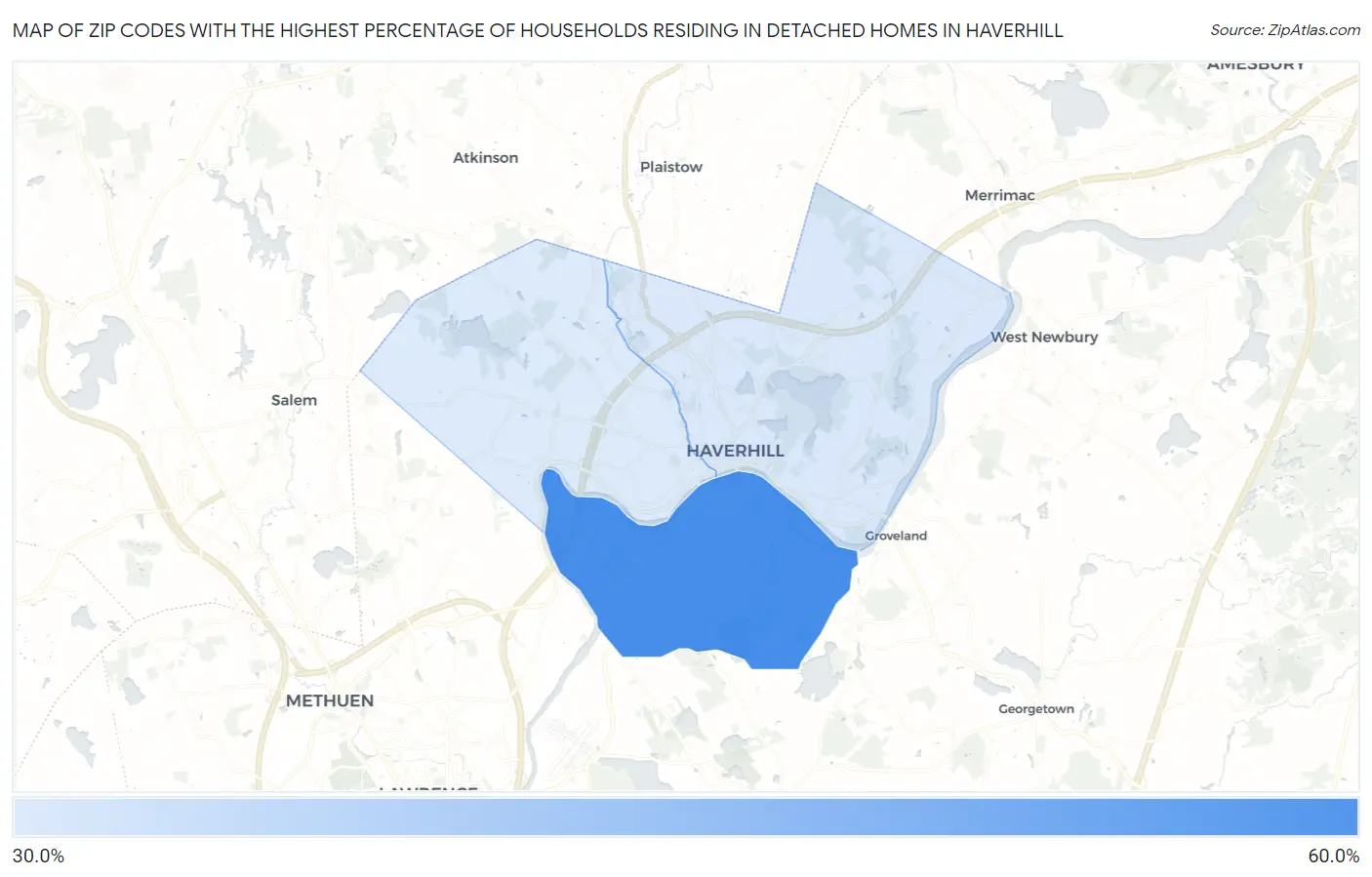 Zip Codes with the Highest Percentage of Households Residing in Detached Homes in Haverhill Map