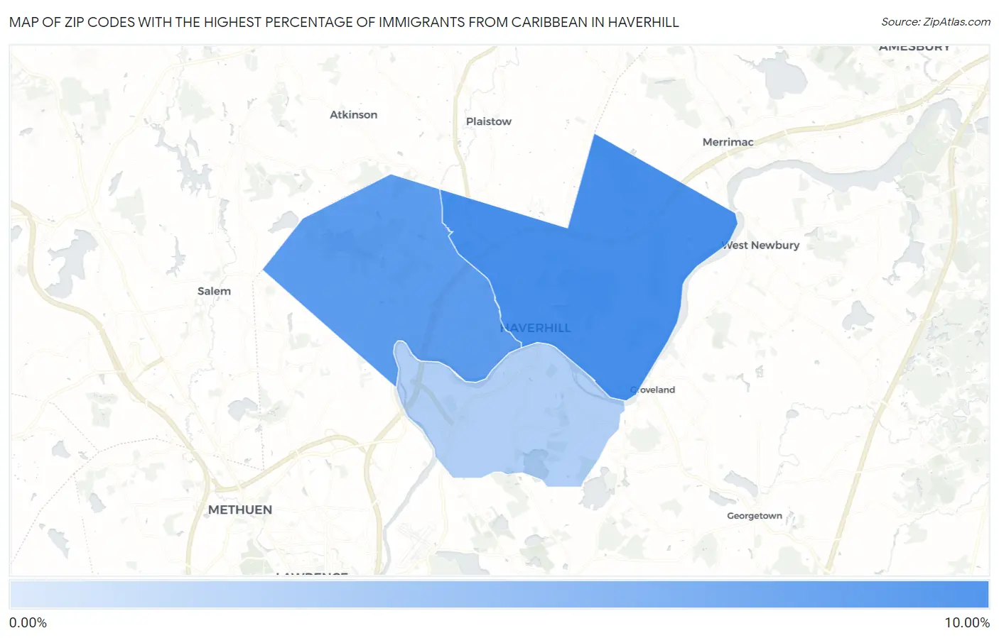 Zip Codes with the Highest Percentage of Immigrants from Caribbean in Haverhill Map