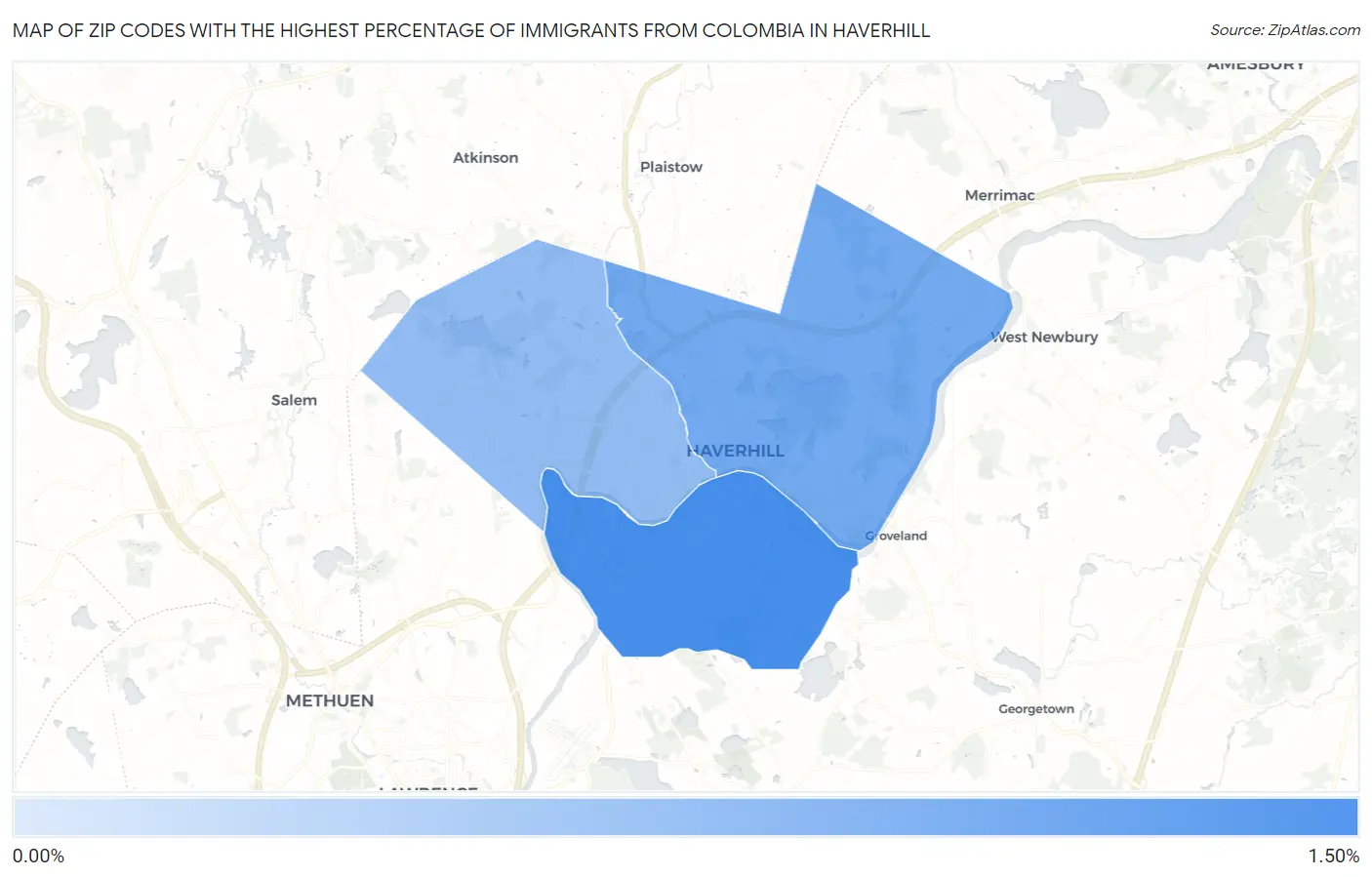 Zip Codes with the Highest Percentage of Immigrants from Colombia in Haverhill Map