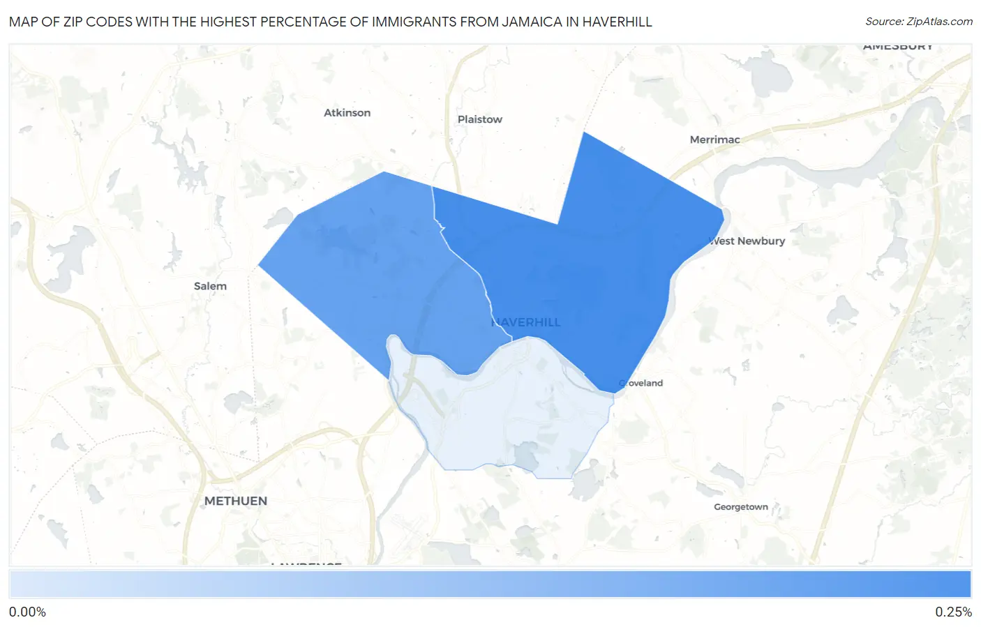 Zip Codes with the Highest Percentage of Immigrants from Jamaica in Haverhill Map
