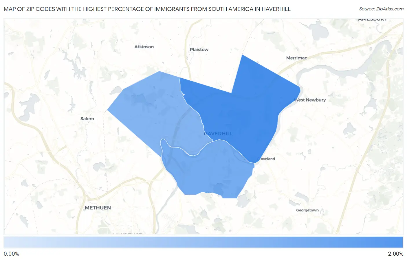 Zip Codes with the Highest Percentage of Immigrants from South America in Haverhill Map