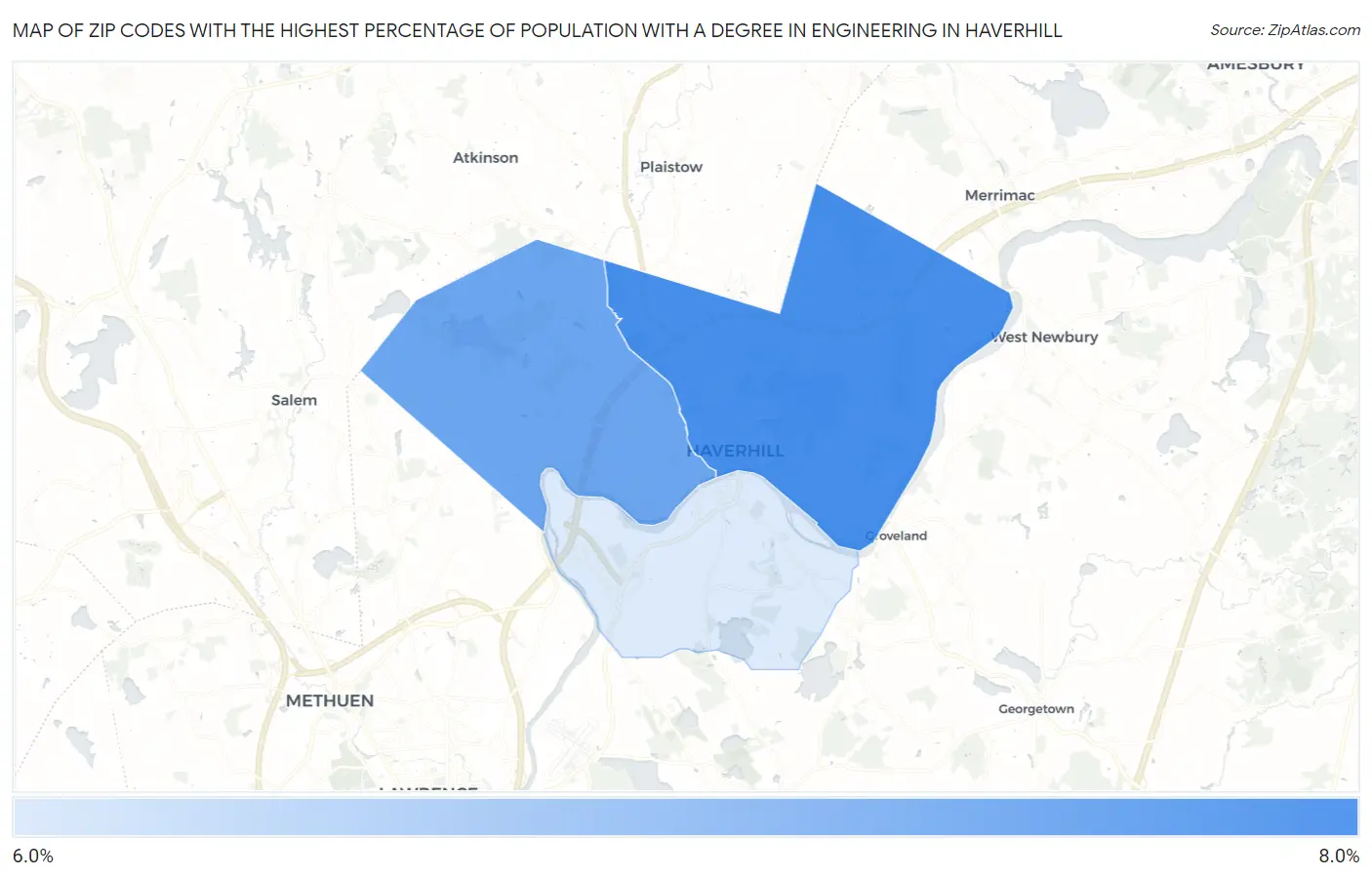 Zip Codes with the Highest Percentage of Population with a Degree in Engineering in Haverhill Map