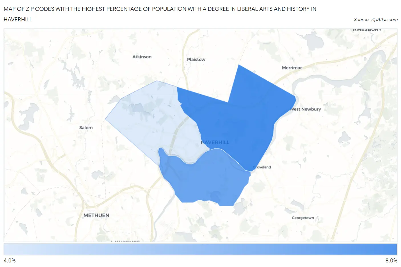 Zip Codes with the Highest Percentage of Population with a Degree in Liberal Arts and History in Haverhill Map