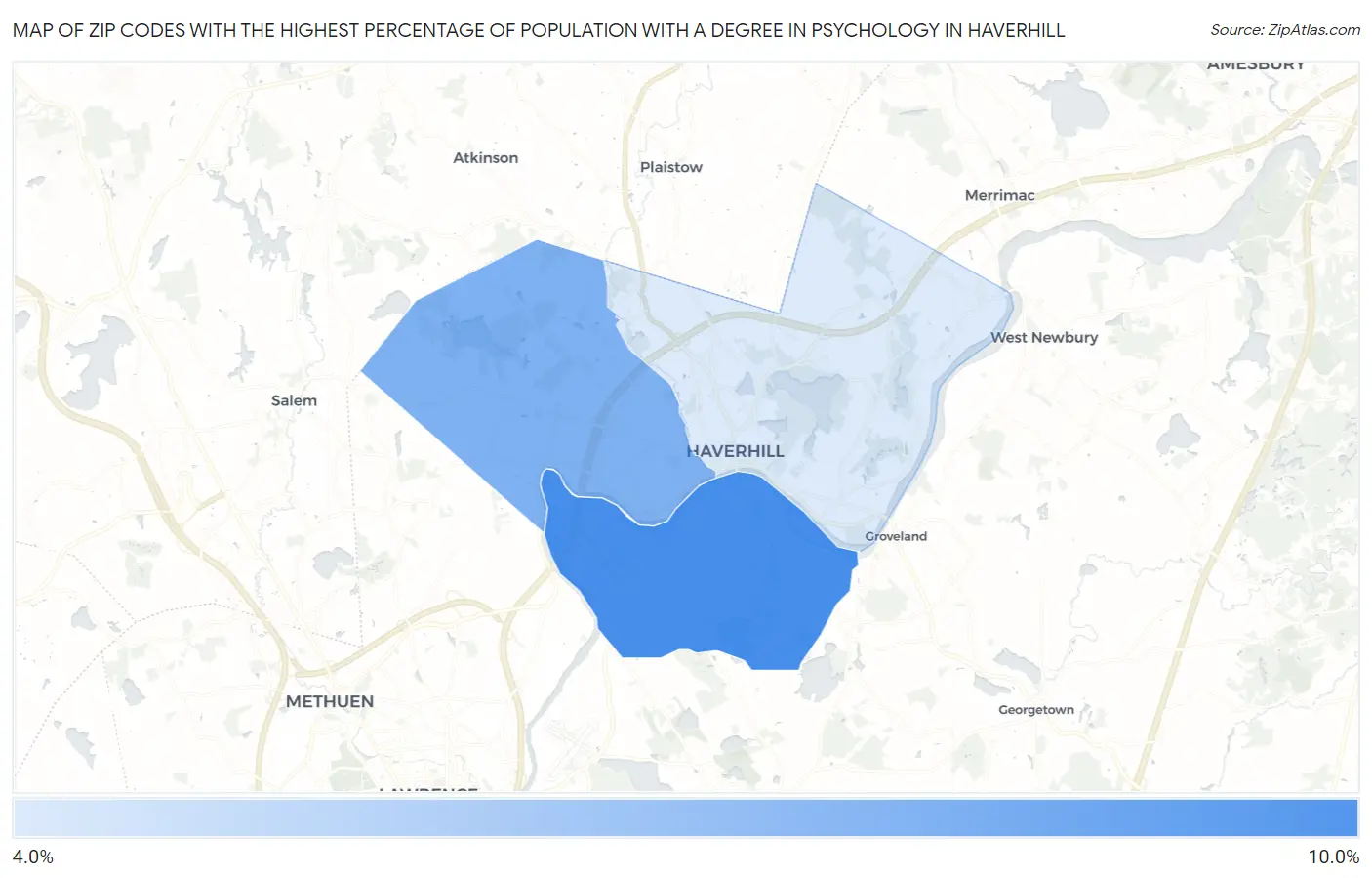 Zip Codes with the Highest Percentage of Population with a Degree in Psychology in Haverhill Map