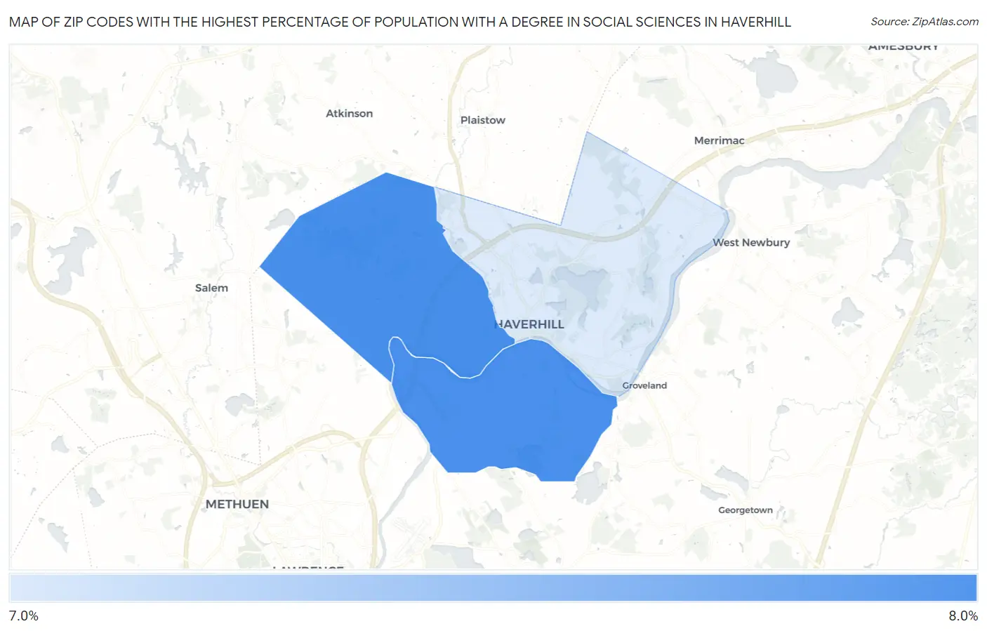 Zip Codes with the Highest Percentage of Population with a Degree in Social Sciences in Haverhill Map