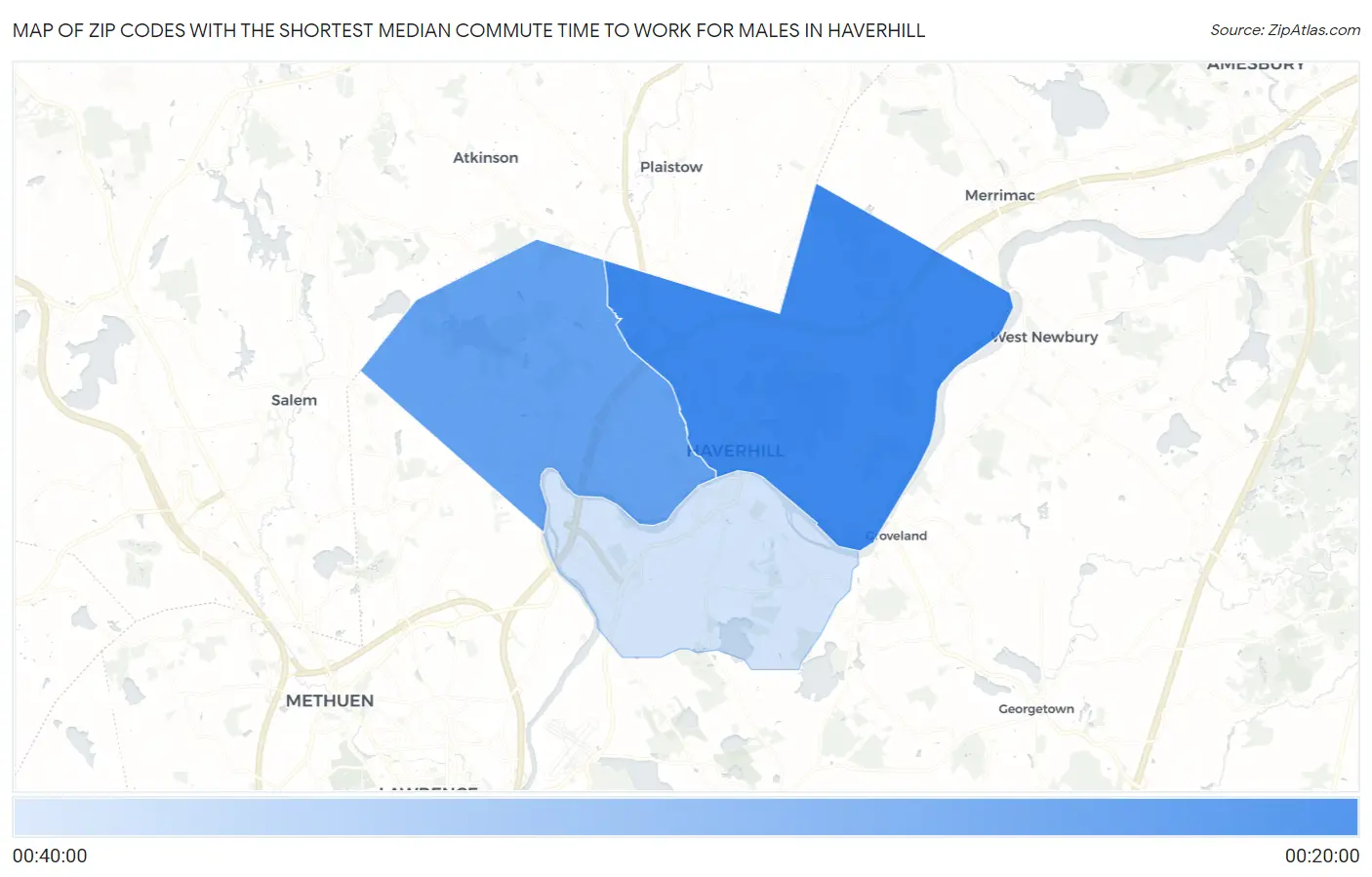 Zip Codes with the Shortest Median Commute Time to Work for Males in Haverhill Map