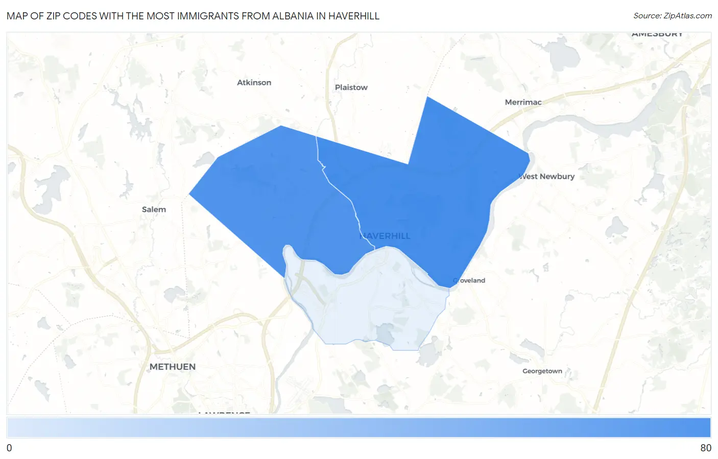 Zip Codes with the Most Immigrants from Albania in Haverhill Map