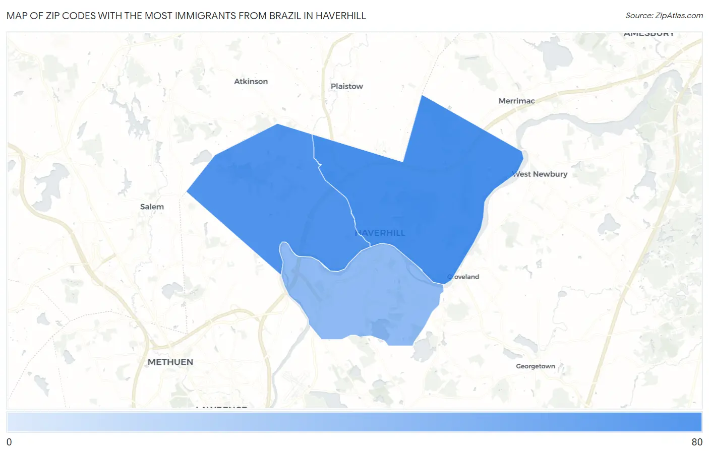 Zip Codes with the Most Immigrants from Brazil in Haverhill Map
