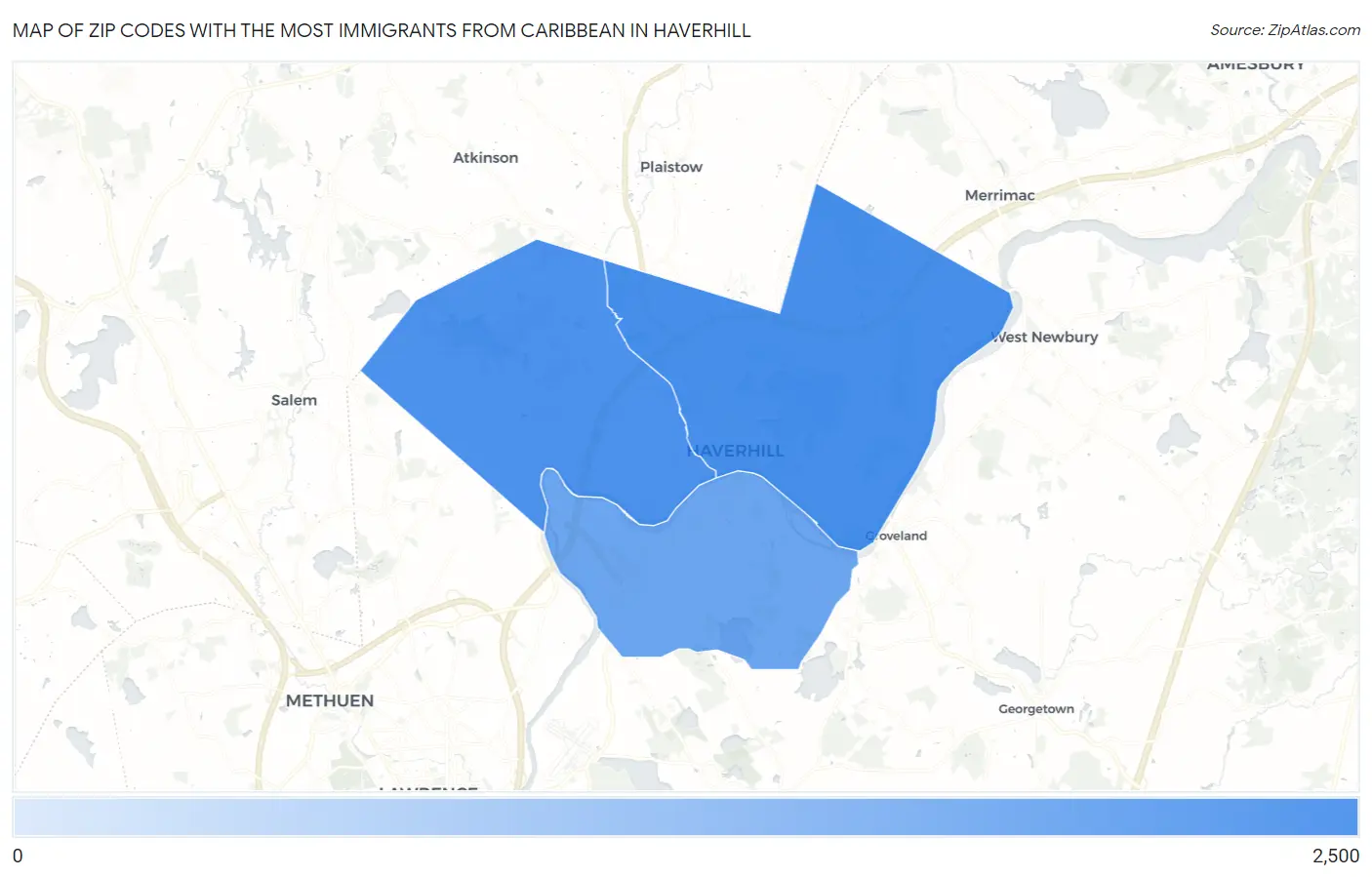 Zip Codes with the Most Immigrants from Caribbean in Haverhill Map