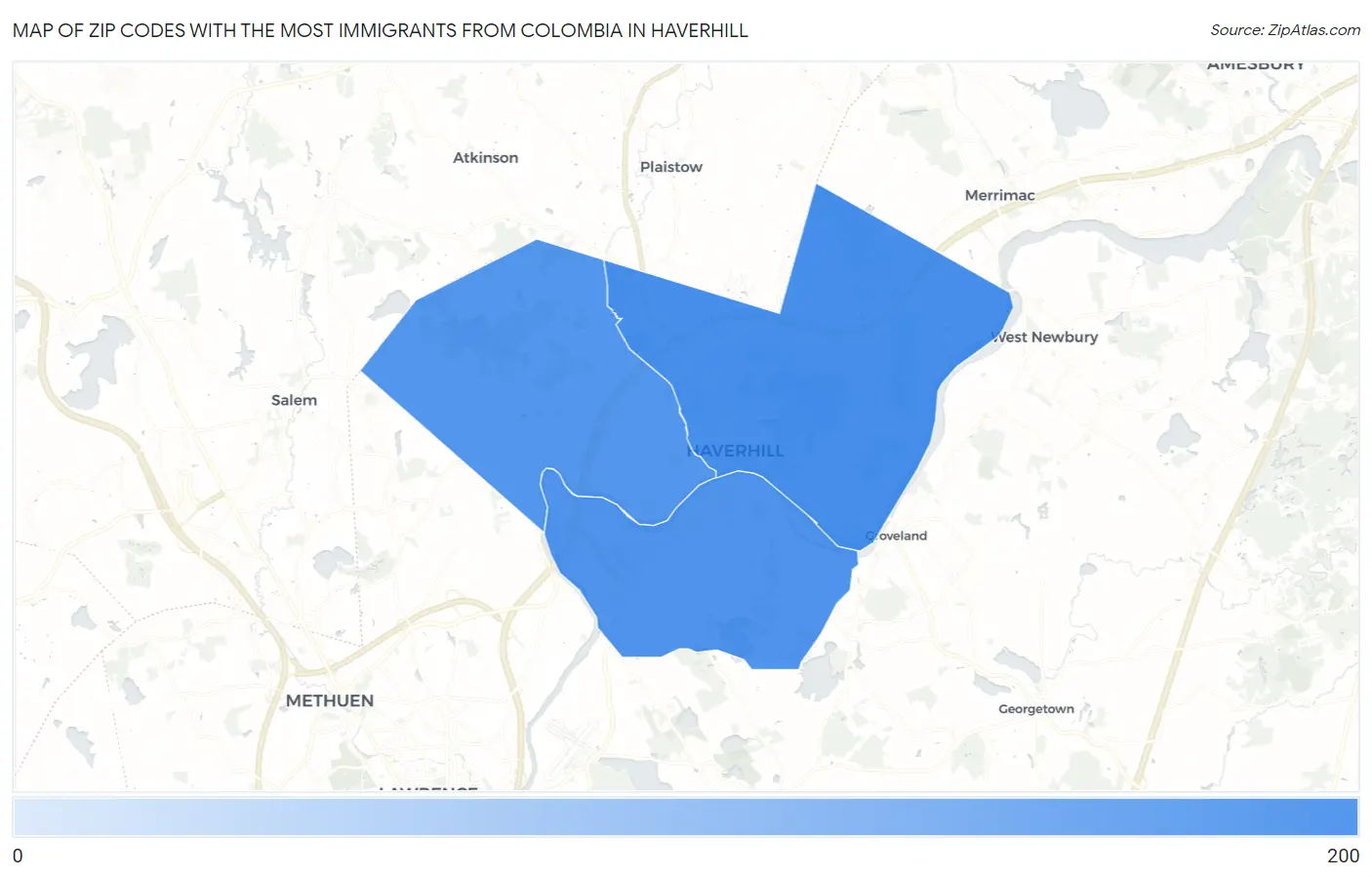 Zip Codes with the Most Immigrants from Colombia in Haverhill Map