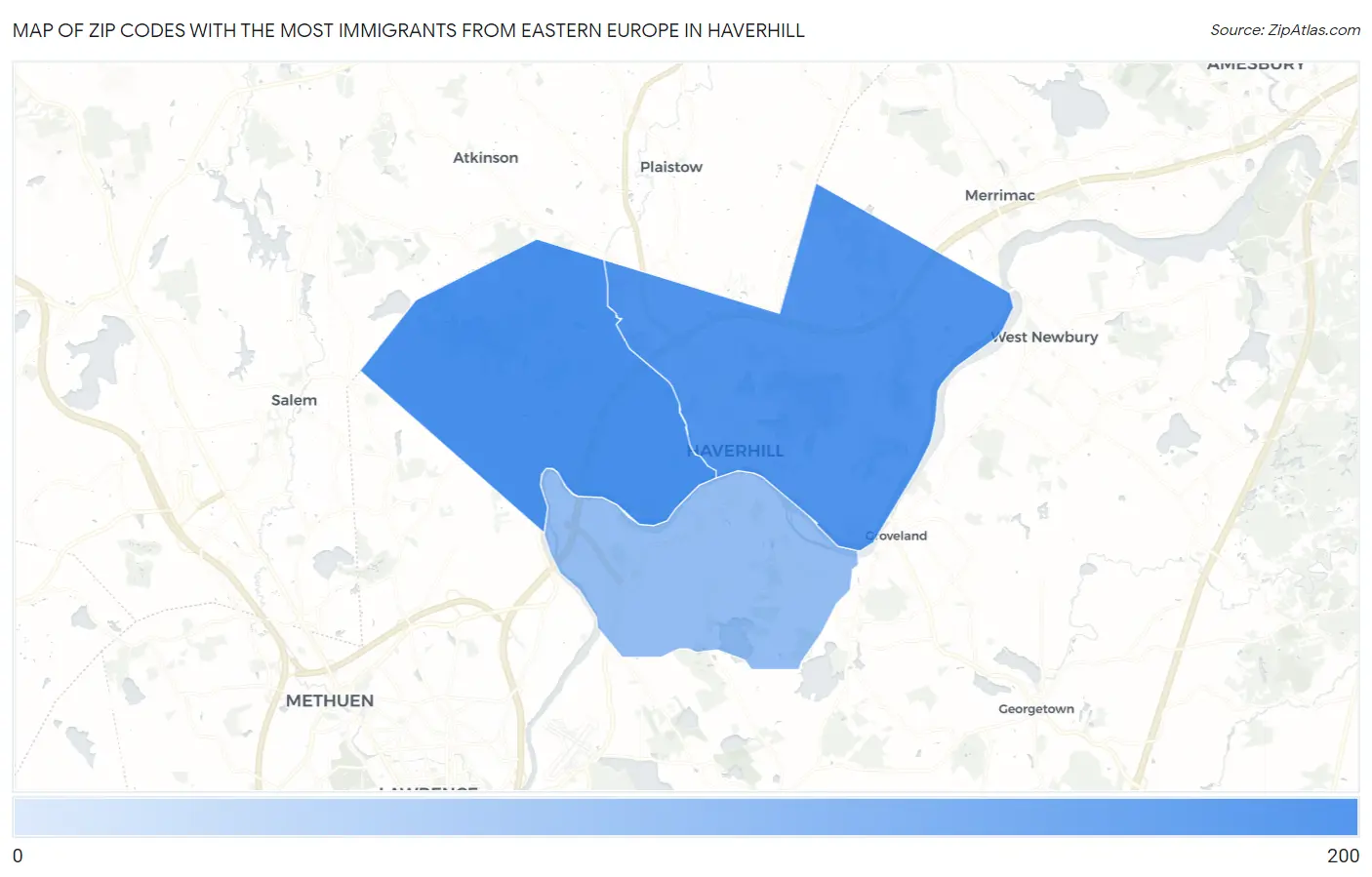 Zip Codes with the Most Immigrants from Eastern Europe in Haverhill Map