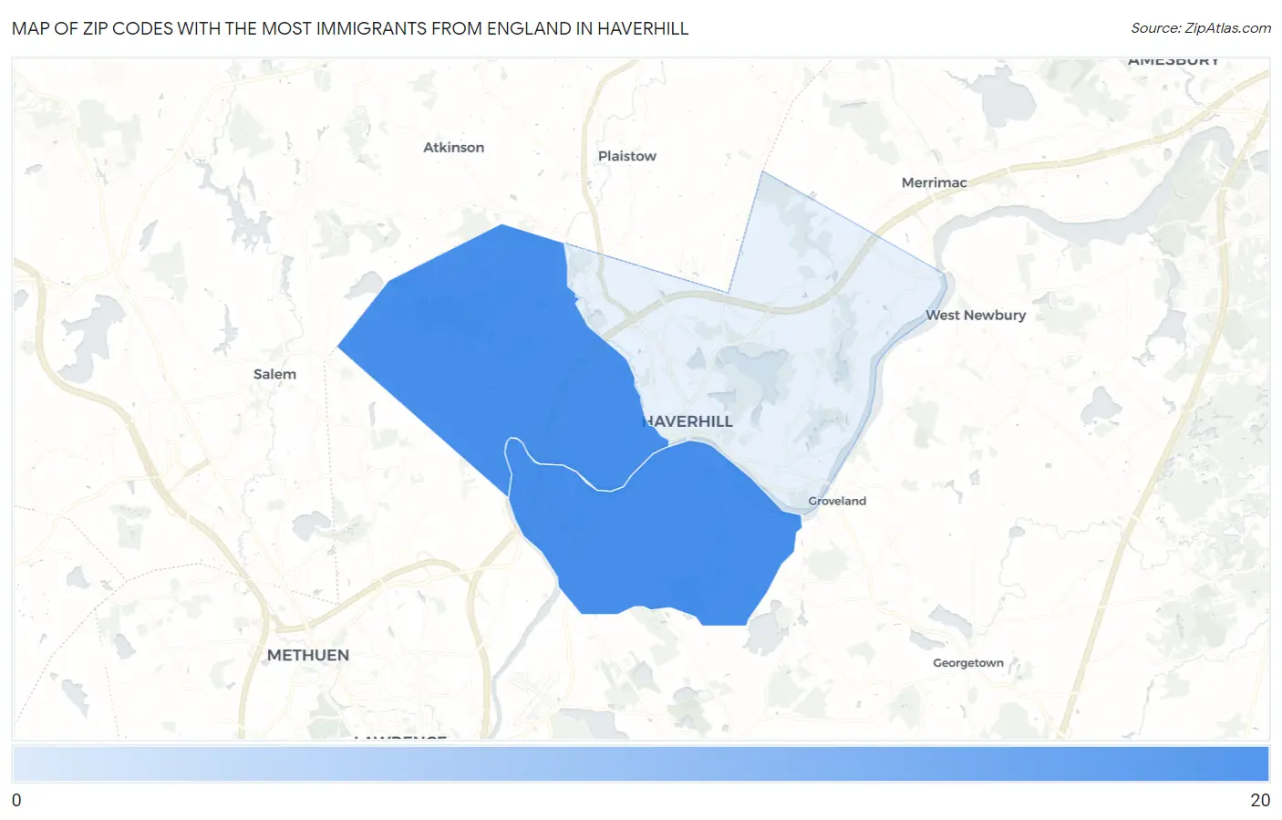 Zip Codes with the Most Immigrants from England in Haverhill Map