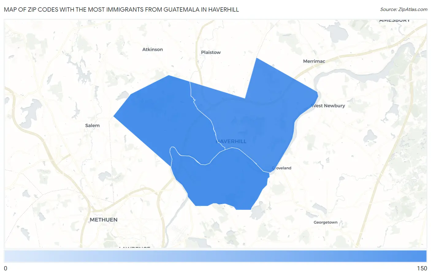 Zip Codes with the Most Immigrants from Guatemala in Haverhill Map